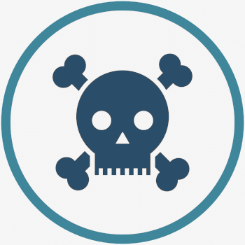 Icon that represents the irreparable consequences of unlicensed hair surgery. Skull and crossbones image.